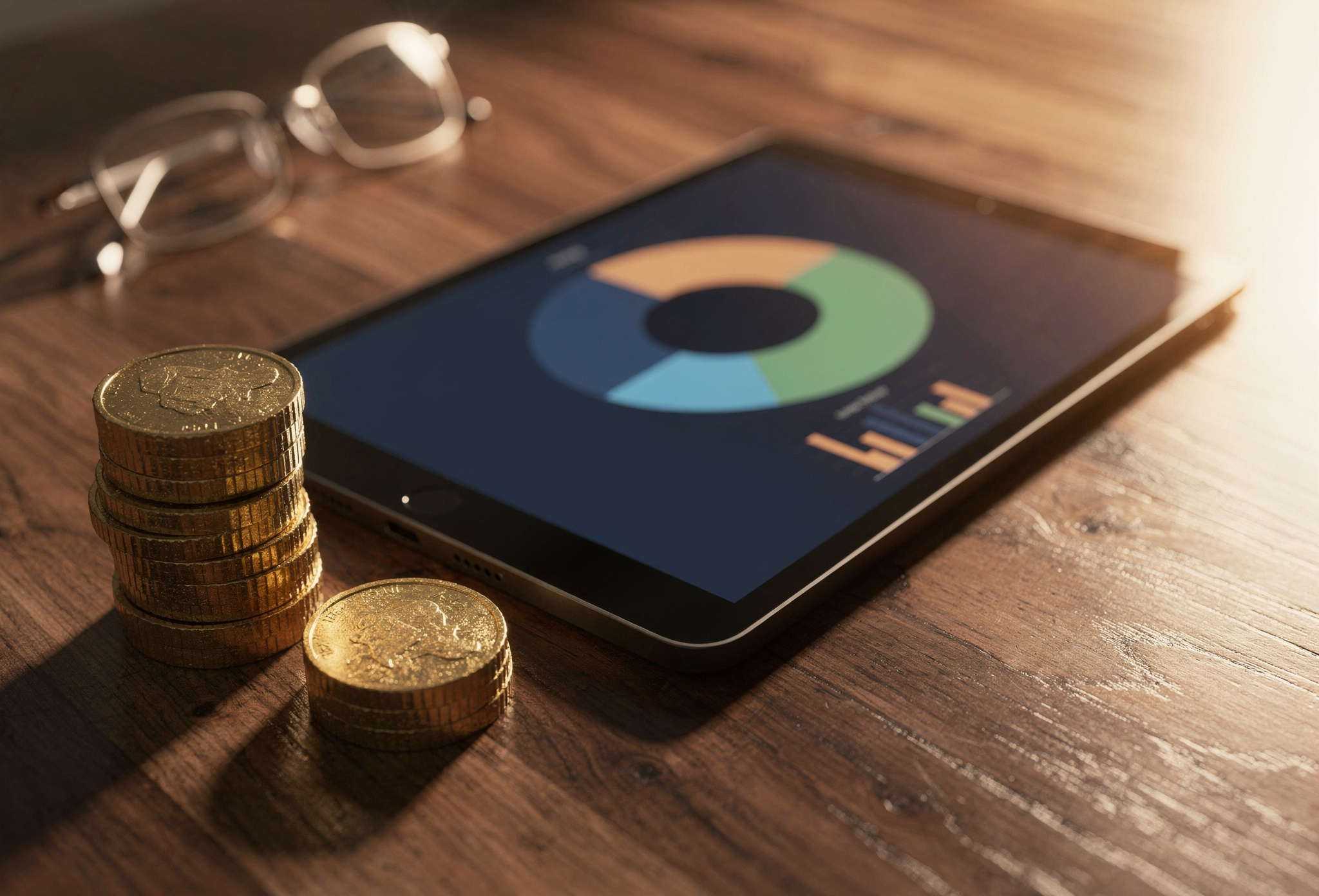 Tablet displaying a donut chart beside two stacks of gold coins