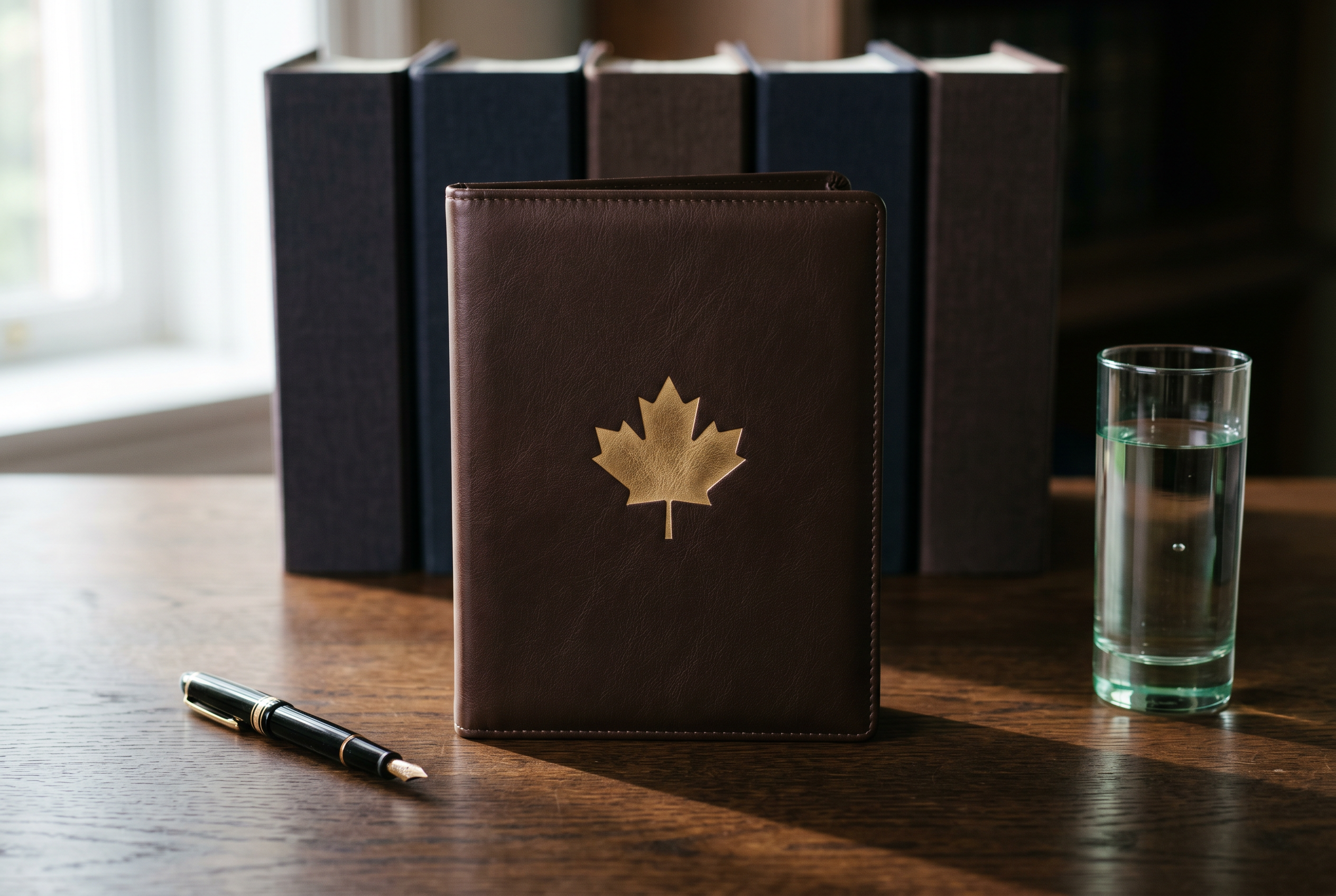 Leather document folder with an embossed gold maple leaf and binders