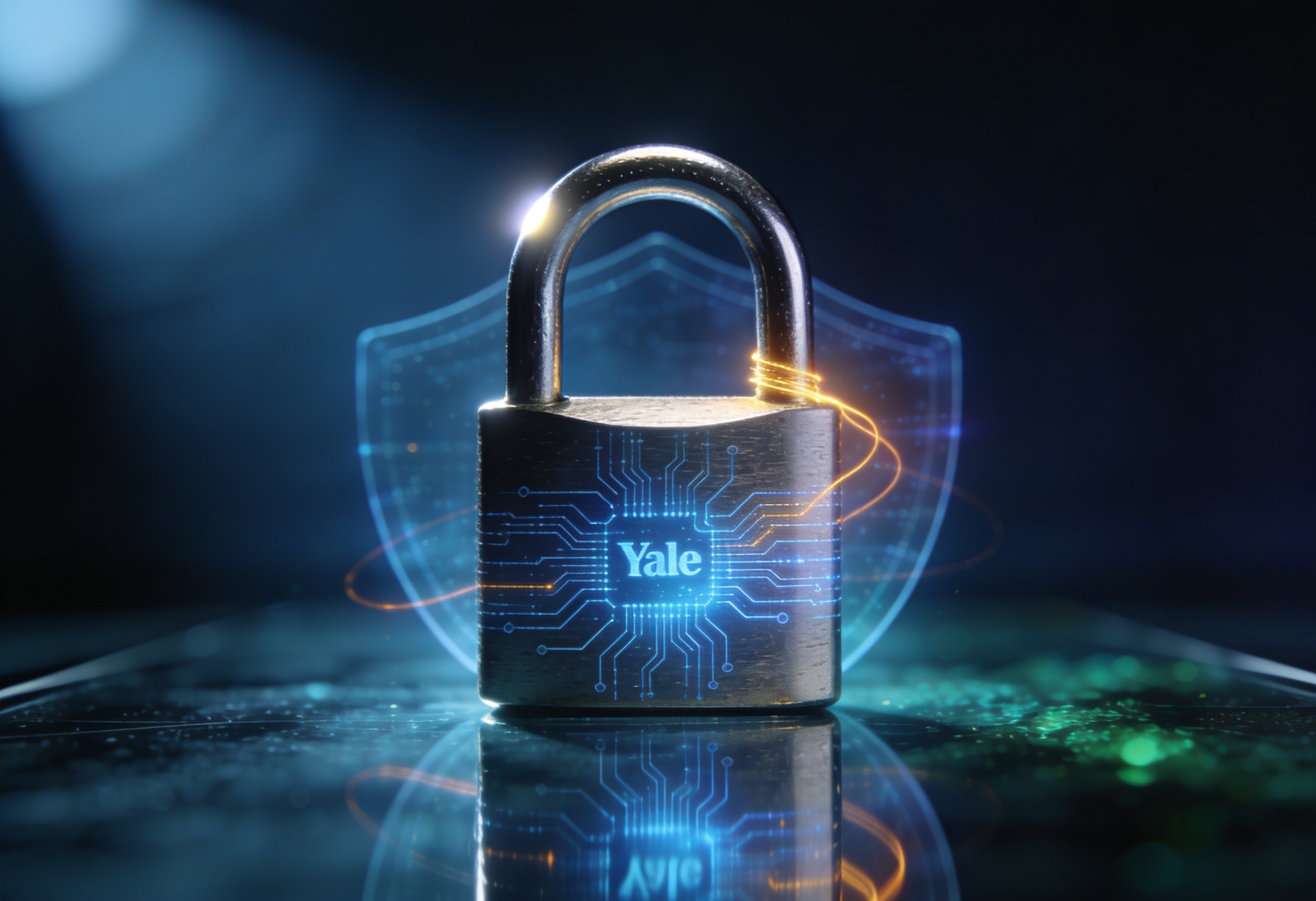 Brushed steel padlock with glowing circuit traces on dark reflective glass