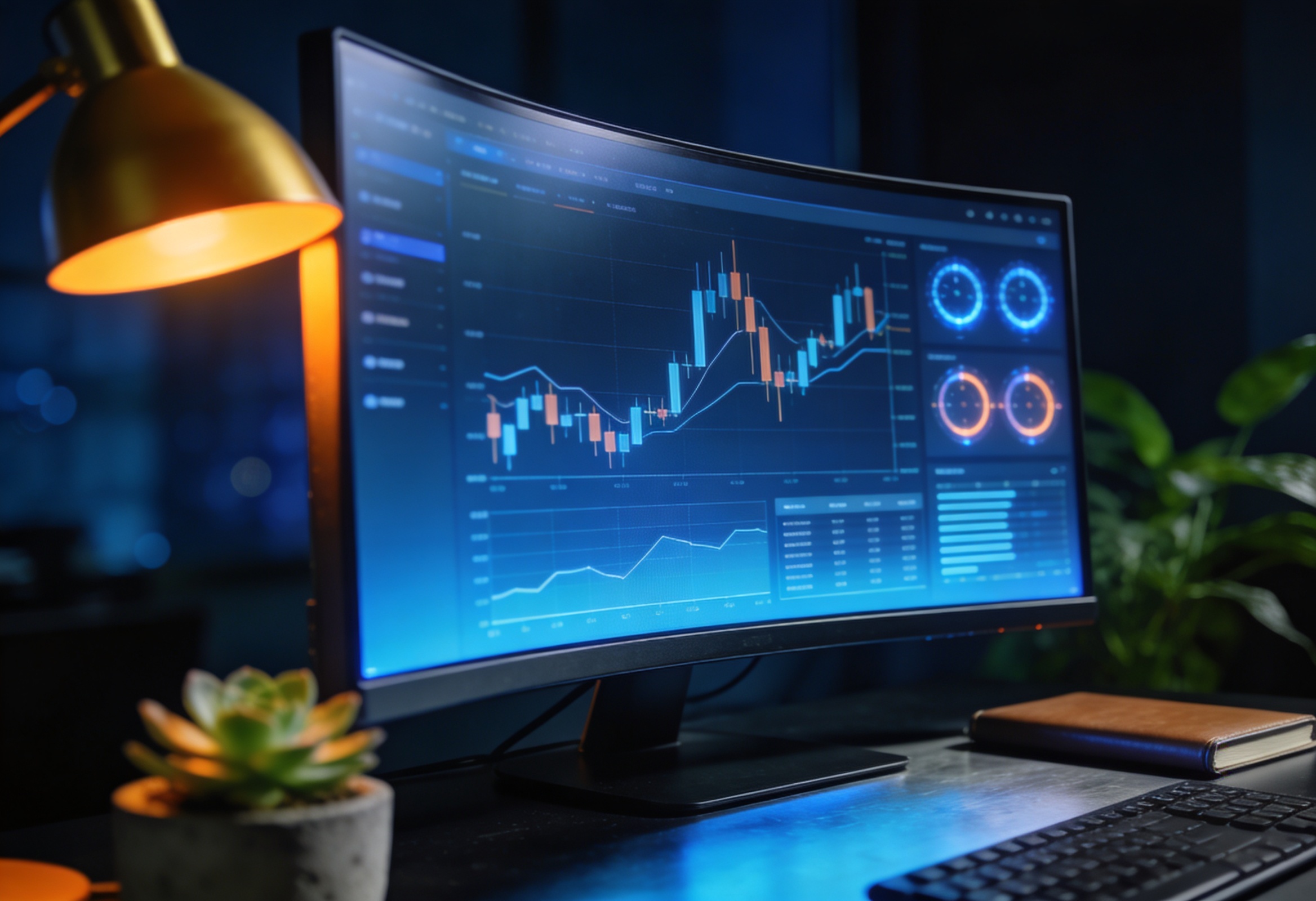 Curved monitor showing a stylized market intelligence dashboard in a dim office