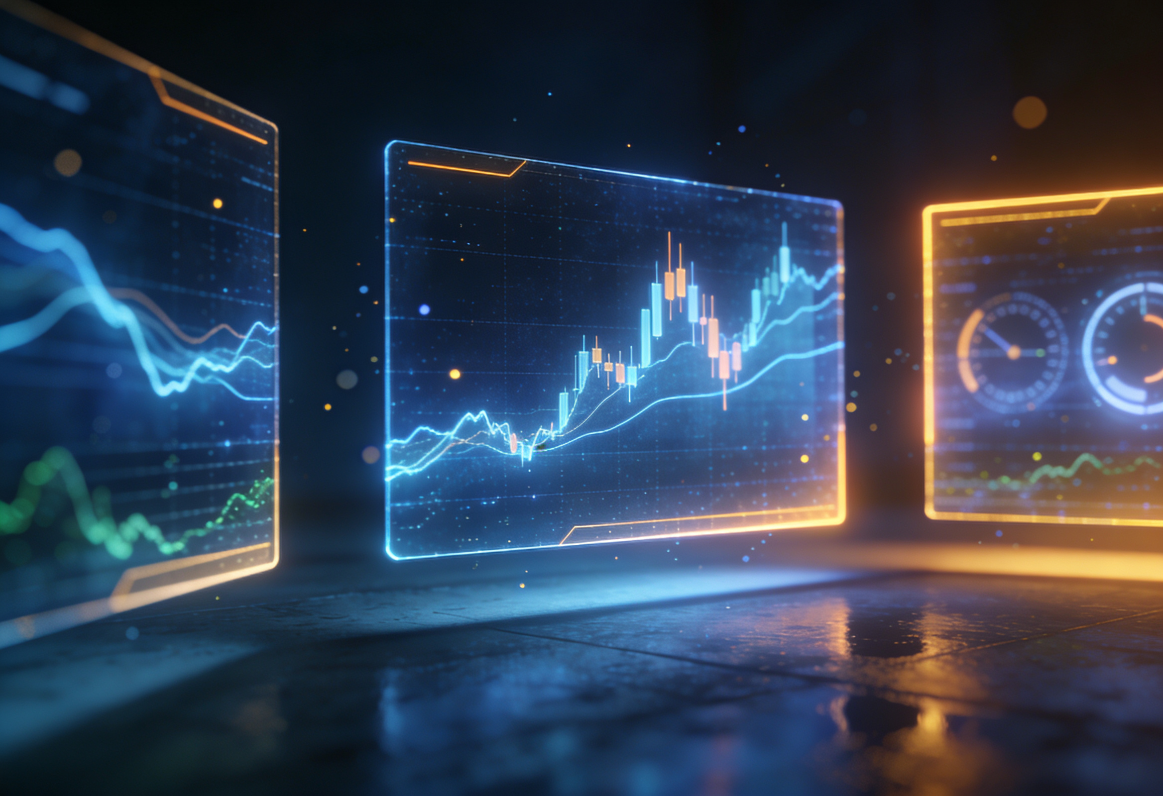 Three floating holographic panels showing abstract glowing market charts