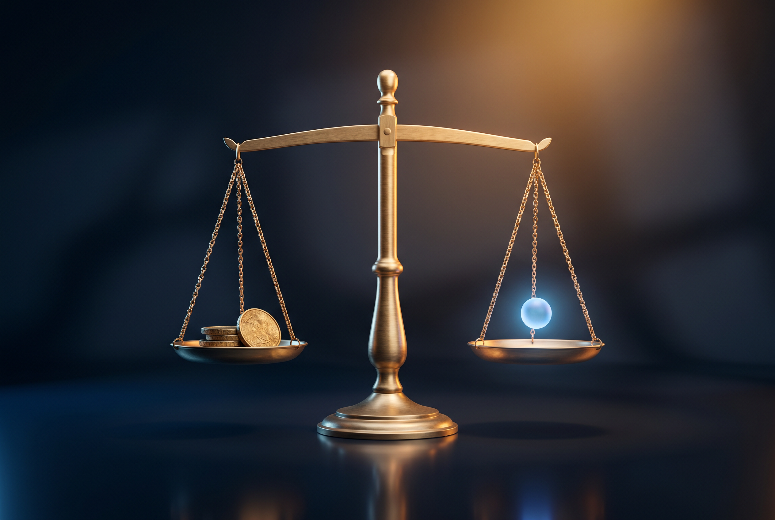 Golden balance scale weighing coins against a glowing blue orb