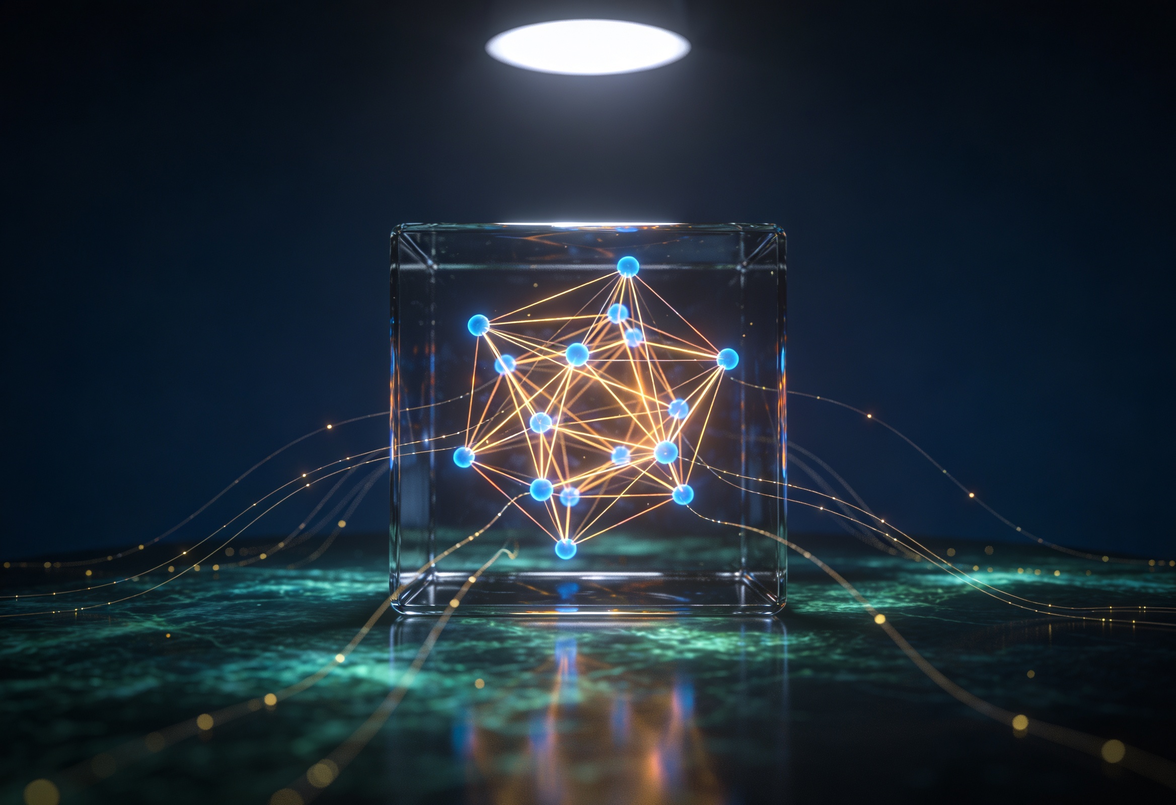Glass cube containing a glowing neural network of blue nodes and gold lines
